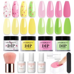 AZUREBEAUTY Dip Powder Nail Kit Floral Lime Green with Base Top Coat Activator Dried Flowers for French Nails Art Manicure DIY Salon