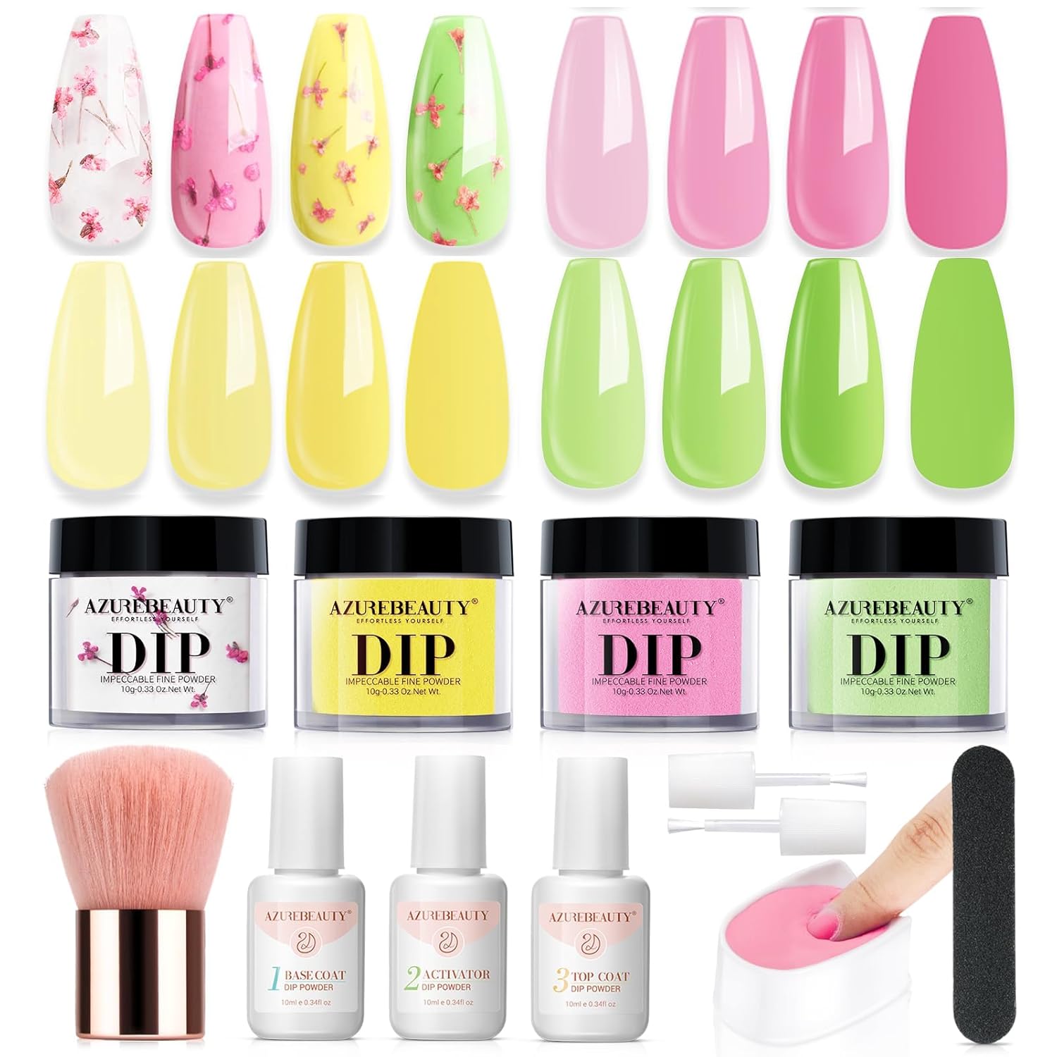 AZUREBEAUTY Dip Powder Nail Kit Floral Lime Green with Base Top Coat Activator Dried Flowers for French Nails Art Manicure DIY Salon