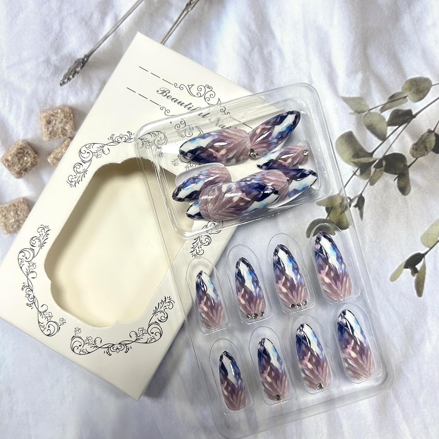 TBRZTR Press on Nails Medium Almond False Nails Waves of Light Fake Nails Artificial Acrylic Nails with Rhinestones Design Full Cover Glossy Reusable Coffin Nails Glue on Nails for Women 24Pcs - Image 5