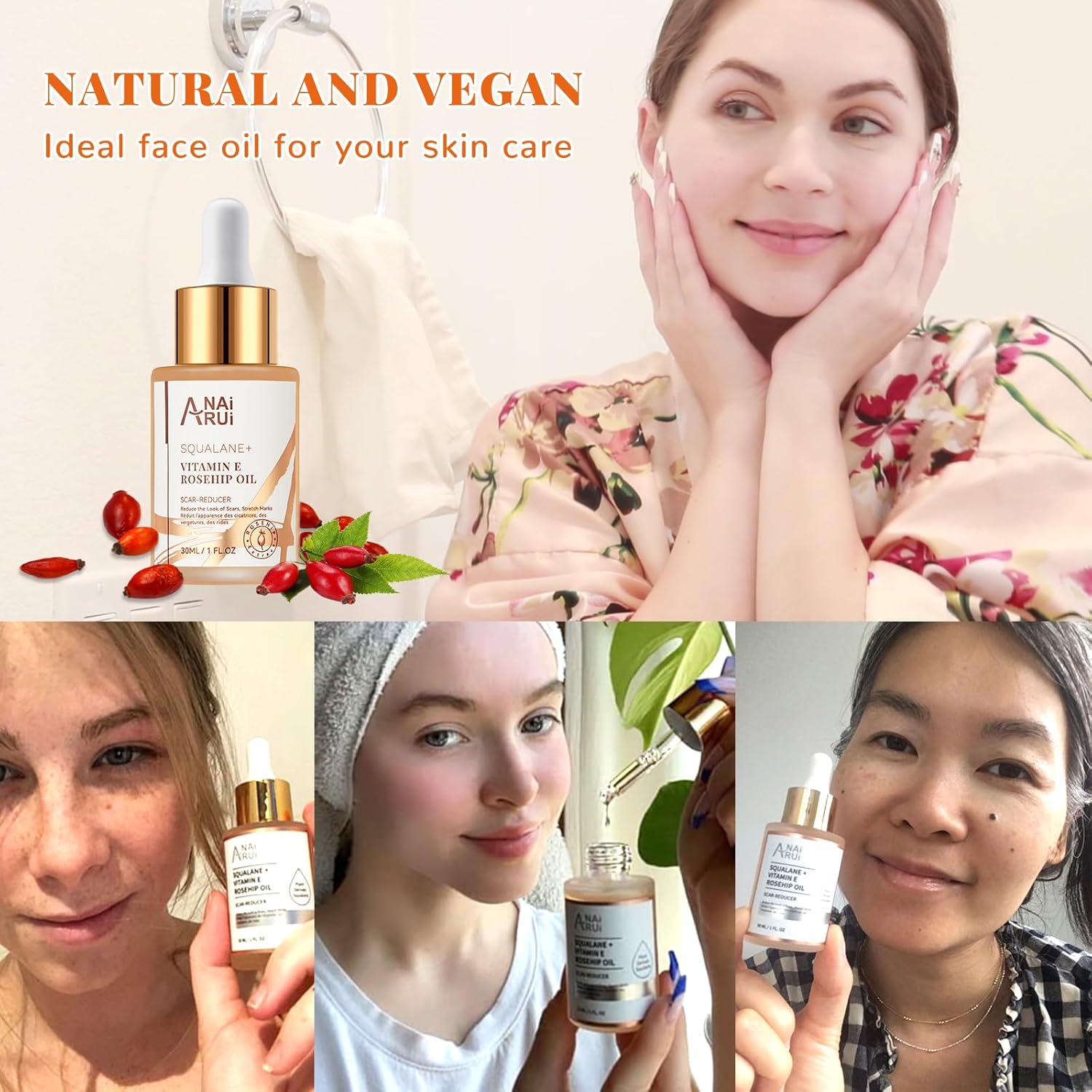 ANAI RUI Squalane + Vitamin E Rosehip Oil Moisturizer for Face Hydrate, Reduce Scars and Stretch Marks, Wrinkles for Smoother, Softer Skin 1 fl. Oz - Image 8