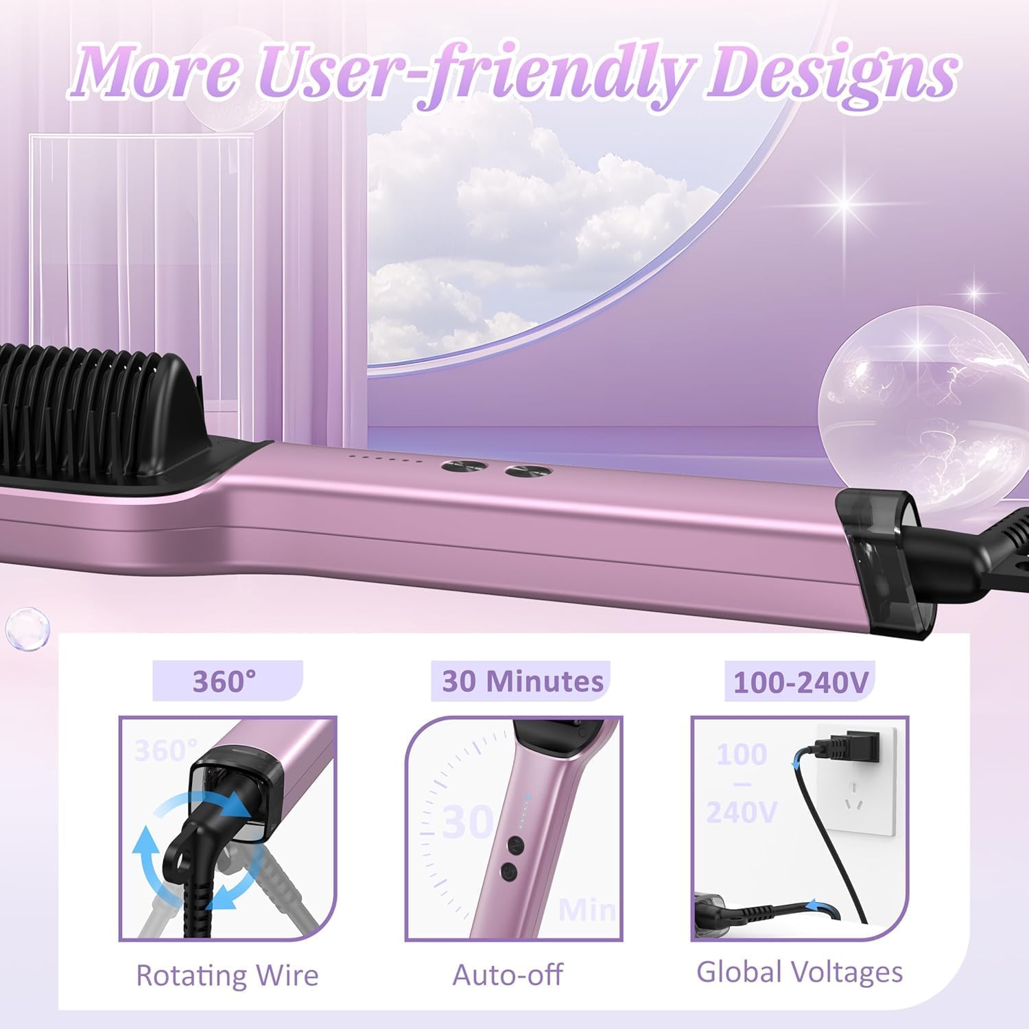 Ionic Hair Straightener Brush - 20 Million Anion, 5 Temps Setup, 20s Fast Heating & Dual Voltage, Ceramic Hair Brush Straightener for Women - Purple - Image 3