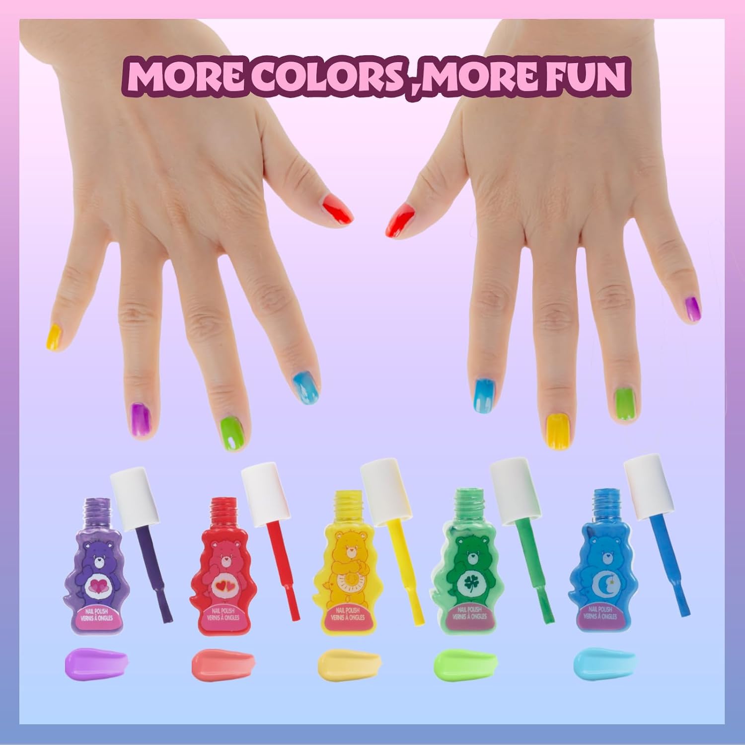 Townley Girl Care Bears 15 pcs Non-Toxic Nail Polish Set for Kids with Stickers & Toe Spacers | Peel able & Quick Dry | Birthday Gifts for Ages 3 - Image 6