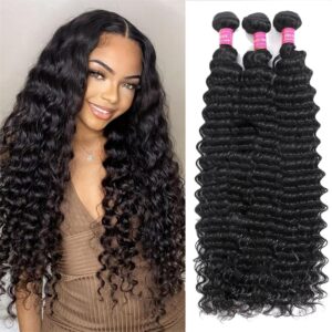 Deep Wave Human Hair Bundles - 20/22/24 Inch Deep Curly Brazilian Virgin Wet & Wavy Bundles - 3 Pack 12A Human Hair Extensions