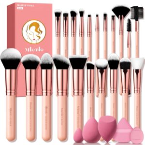 Makeup Brushes Set, Mlemle Professional 26 Pcs Makeup Kit, Include Powder Foundation Concealers Blush Eye shadows 21 Pcs Makeup Brushes and 2 Powder Puff, 3 Makeup Sponge (A01-Pink)