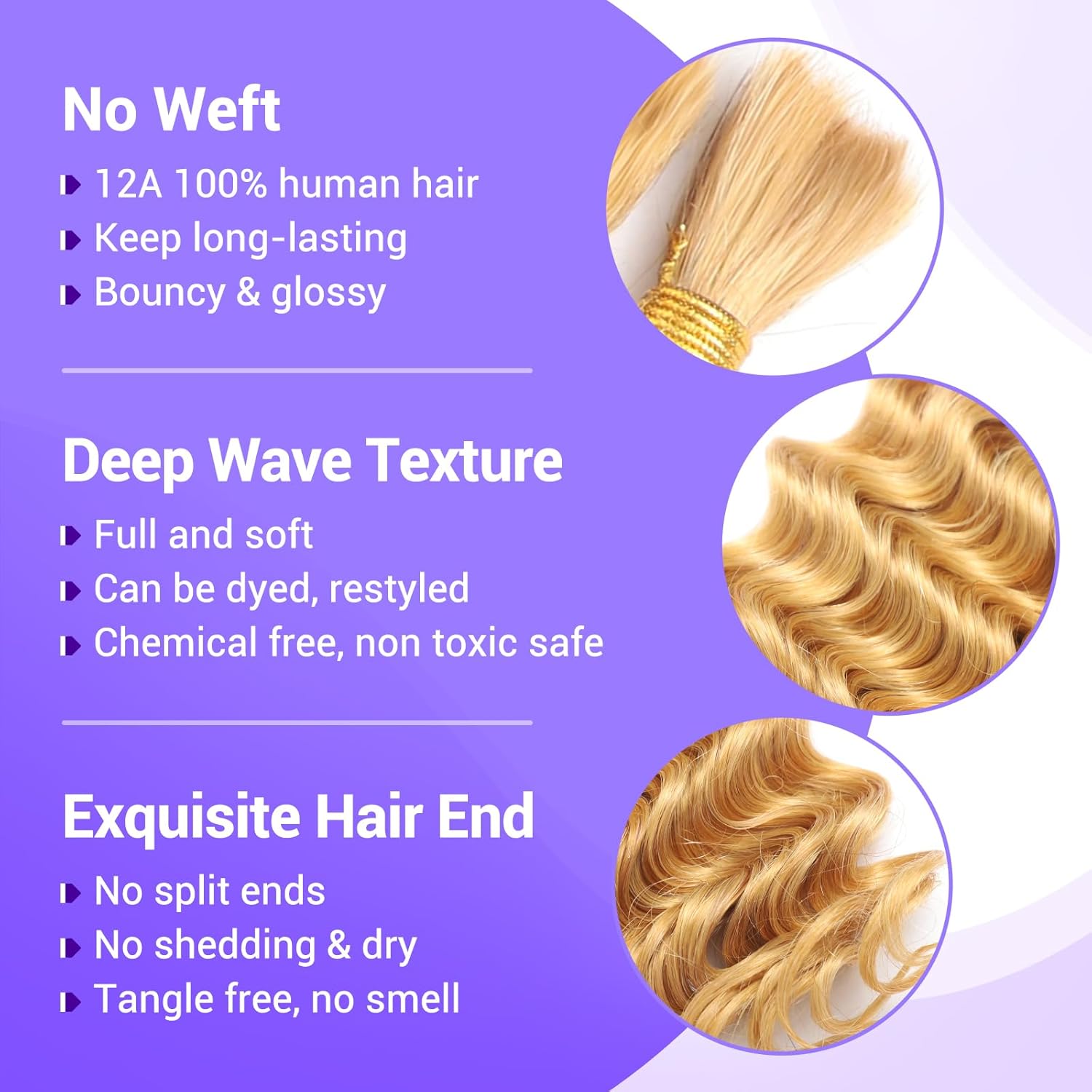 Human Braiding Hair for Boho Braids 110g Deep Wave Boho Bulk Human Hair for Braiding Knotless 12A Wet and Wavy Bohemian 3 No Weft Bundles/Pack Curly Braids Honey Blonde 18 Inch - Image 2