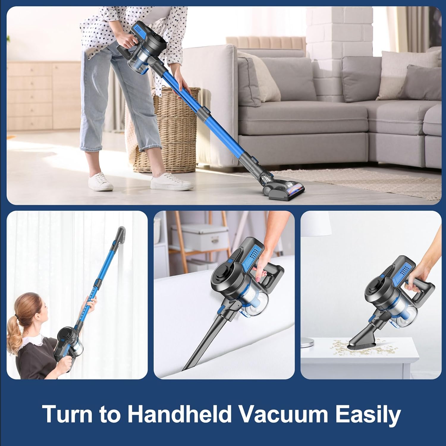 Cordless Vacuum Cleaner for Home, Stick Vacuum Cleaner Poweful, Rechargeable Vacuum Battery Up to 45 Mins Runtime, Lightweight Vacuum Handheld Househeld for Carpet, Floor, Pet Hair-Blue - Image 6