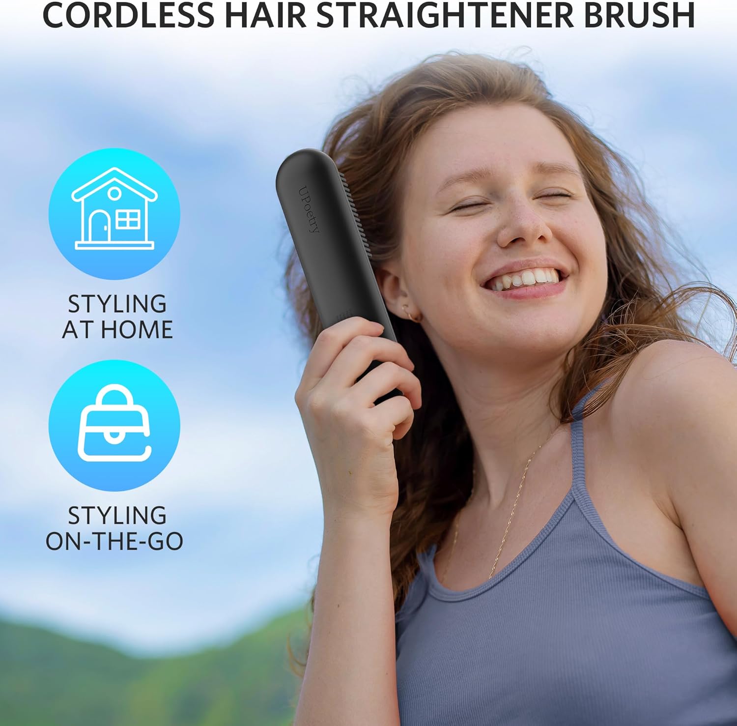 Cordless Hair Straightener Brush – Portable Ionic Hot Comb with 65W Fast Charger, Mini Travel Hair Straightening Brush for Women, Lightweight for On-The-Go Styling (Black) - Image 2
