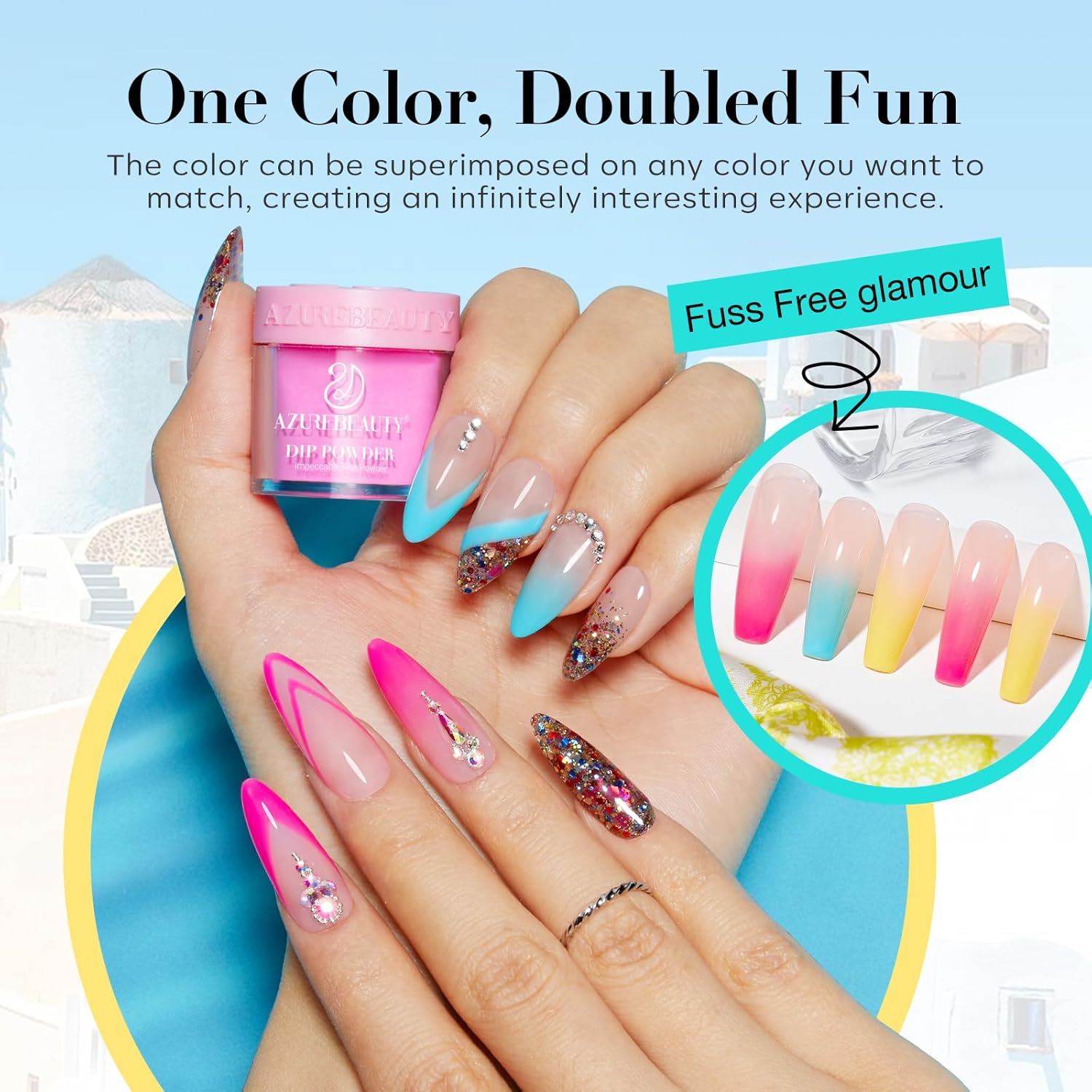 AZUREBEAUTY Dip Powder Nail Kit Starter, 4 Colors Pink Yellow Blue Glitter Dipping Powder Liquid Set Recycling Tray with Base & Top Coat Activator for French Fingernail Art Manicure Salon DIY at Home - Image 5