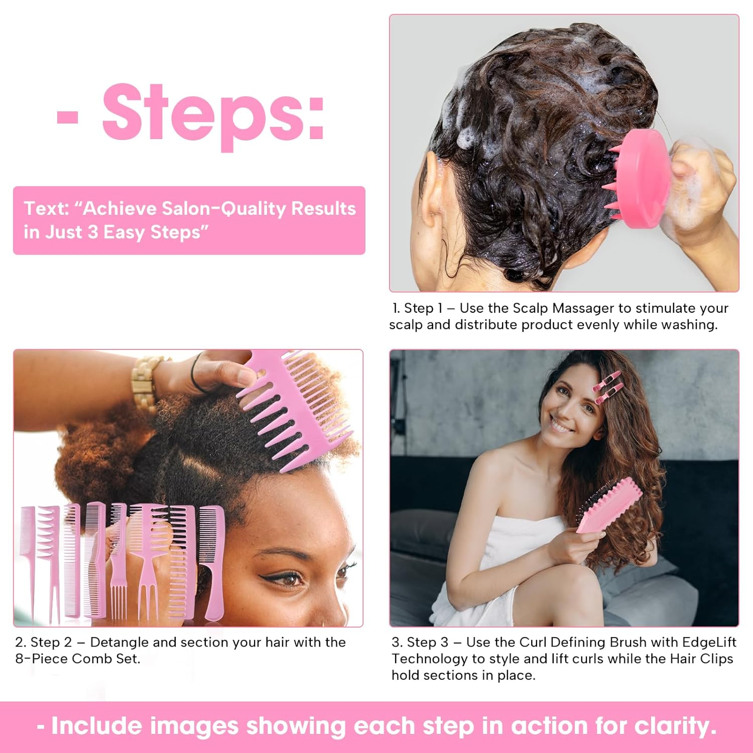 8-Piece Curl Defining Brush Combo Set with Scalp Massager and 4 Styling Clips - Image 5