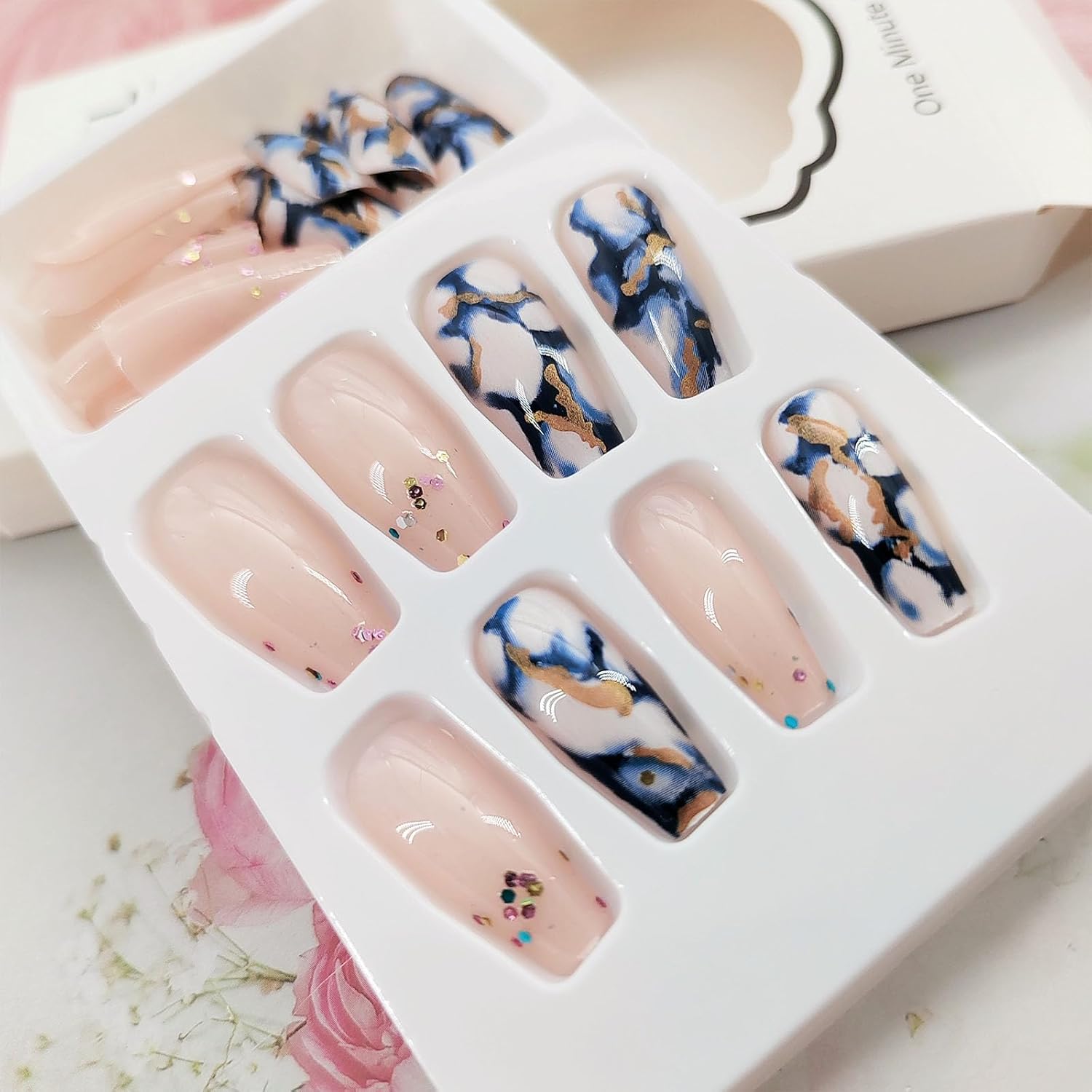 Coffin Press on Nails Medium Length Fake Nails Artificial False Nails with Blue Marble & Sequins Designs Glossy Acrylic Nails Nude Full Cover Glue on Nails for Women 24 Pcs - Image 3