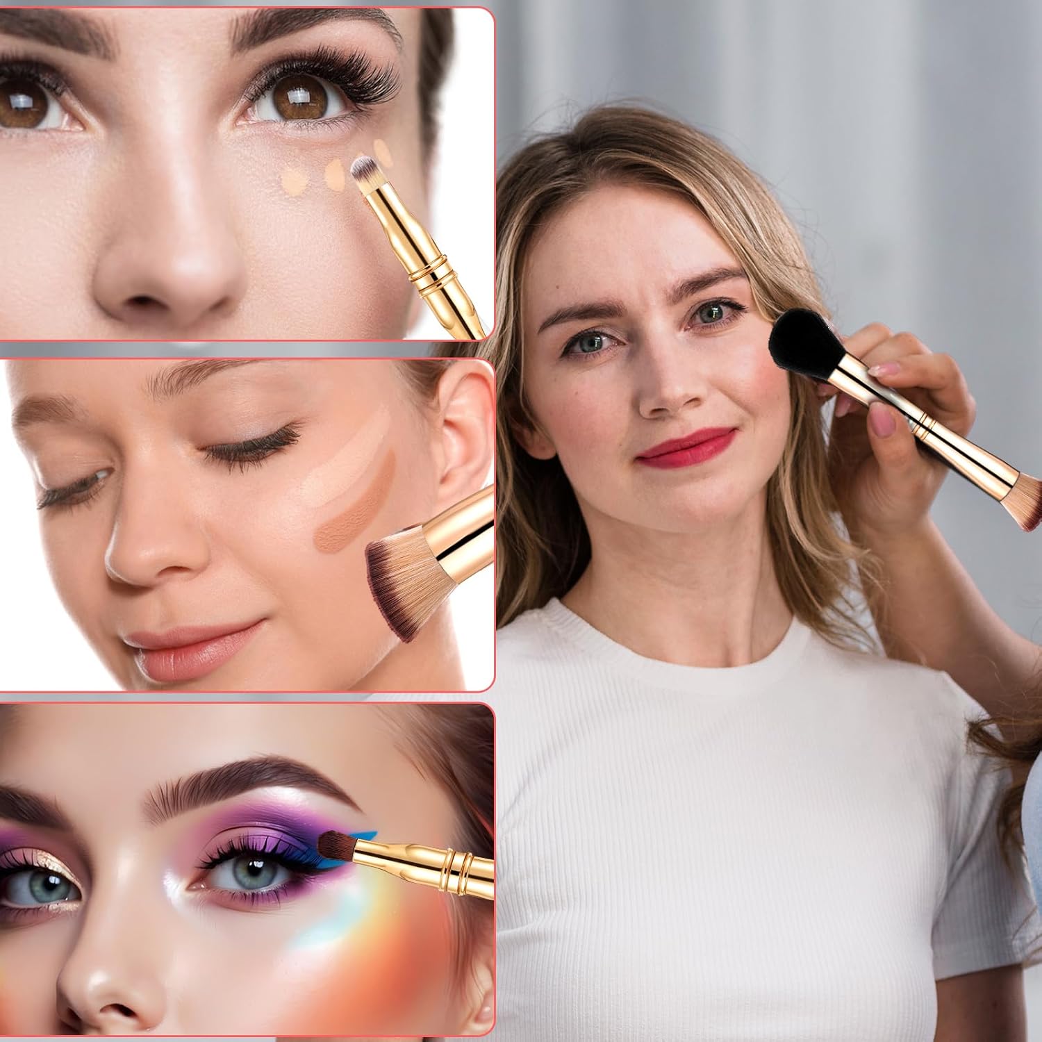 4-in-1 Travel Makeup Brush Set with Case, Dual-Ended Mini Brushes for Foundation, Blush, Eyeshadow, Concealer, Gold - Image 5