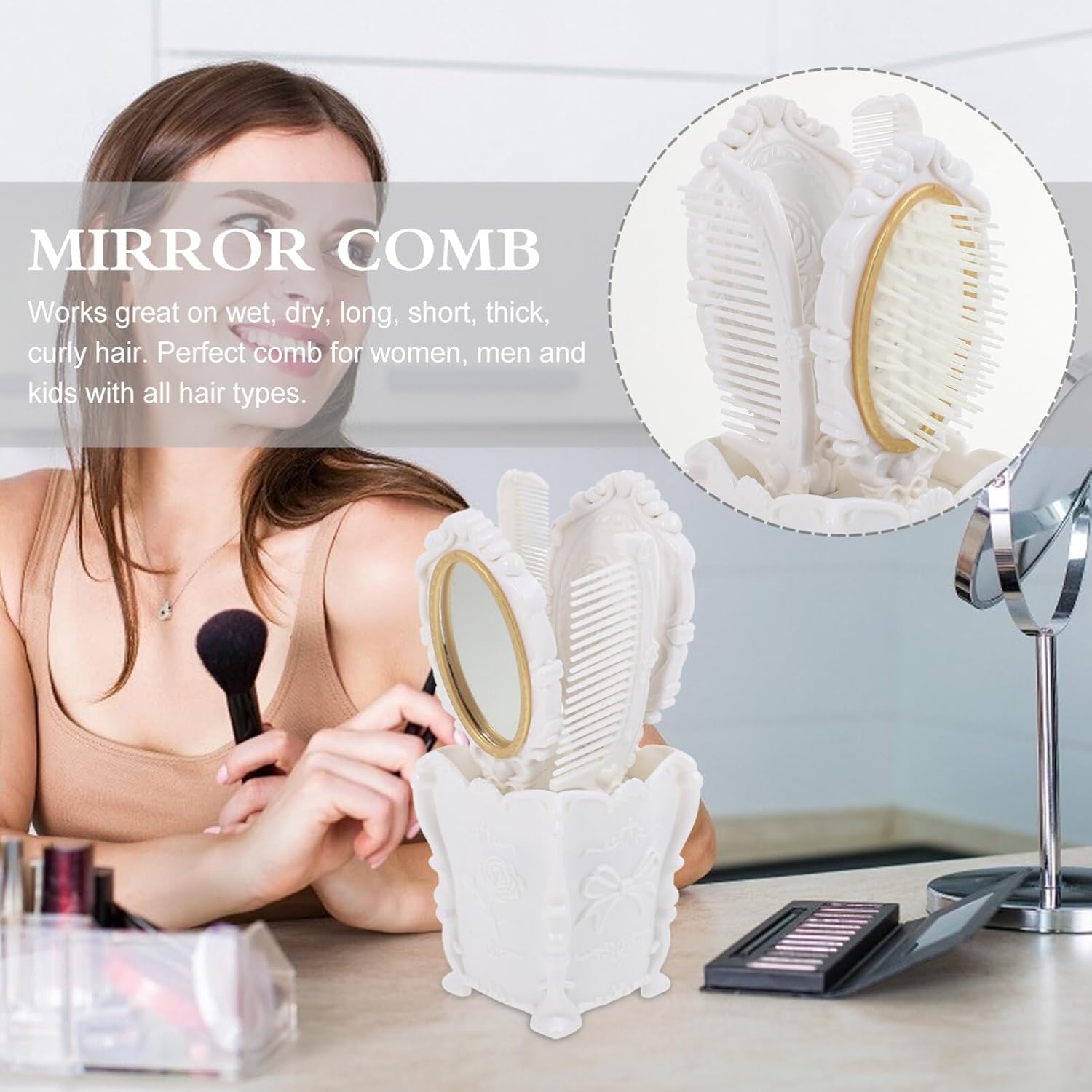 5pcs Vintage Vanity Set with Hand Mirror, Detangling Hair Brush, Rat Tail Comb, and Comb Holder for Makeup (White) - Image 2
