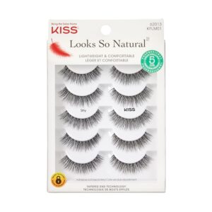 KISS Looks So Natural, False Eyelashes, 'Shy', 12 mm, Includes 5 Pairs Of Lashes, Contact Lens Friendly, Easy to Apply, Reusable Strip Lashes, Glue On