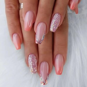Coffin Press on Nails Medium Light Pink Fake Nails with Glue Orange Gradient Glitter Designs French Glue on Nails Medium Length Pink Full Cover Acrylic False Nails for Women 24 Pcs