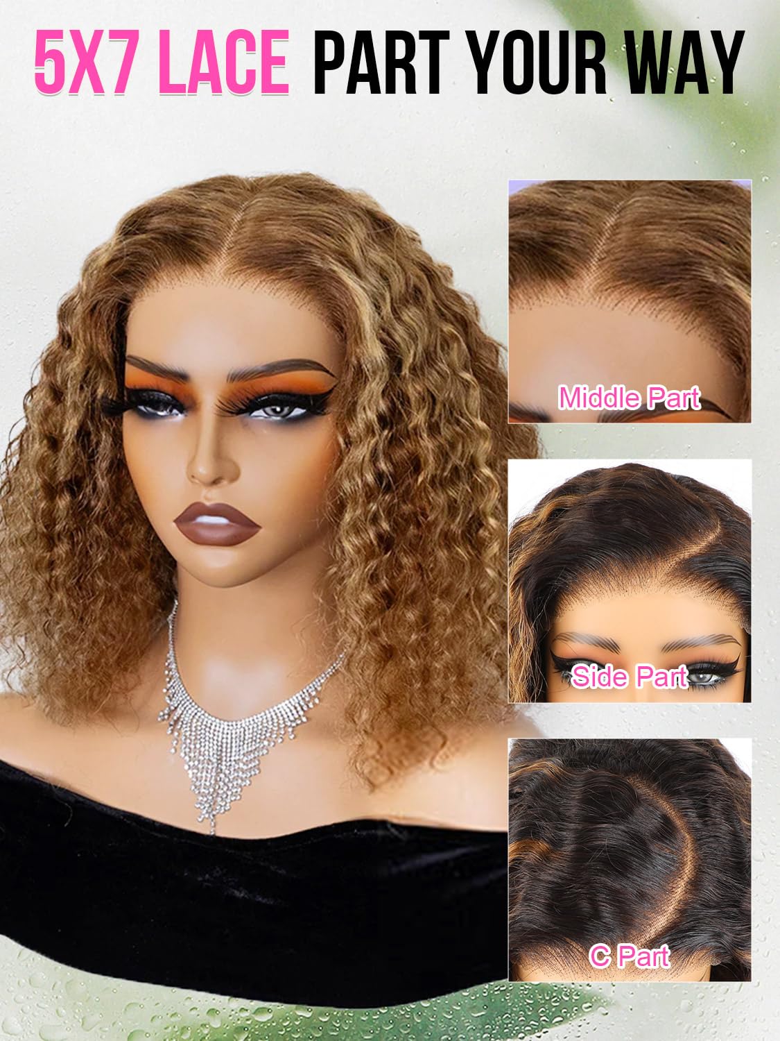 ORIGINAL QUEEN Highlight Blonde Wear and Go Glueless Wigs Human Hair Pre Plucked Pre Cut, 5x7 OQ Hair Glueless Wigs 4/27 Water Wave Short Curly Bob Wig Human Hair for Women 4/27 Color 12Inch - Image 4