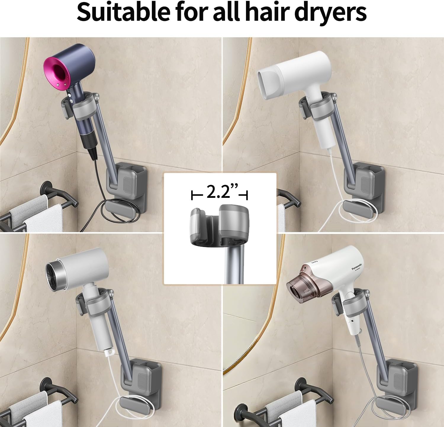 Hands Free Hair Dryer Holder Wall Mount, Adjustable Bathroom Blower Dryer Holder Wall Mounted Hook Rack, Vanity Cabinet Door Hanger Storage, Suitable for Most Walls, Hair Dryers, with Cord Organizer - Image 5