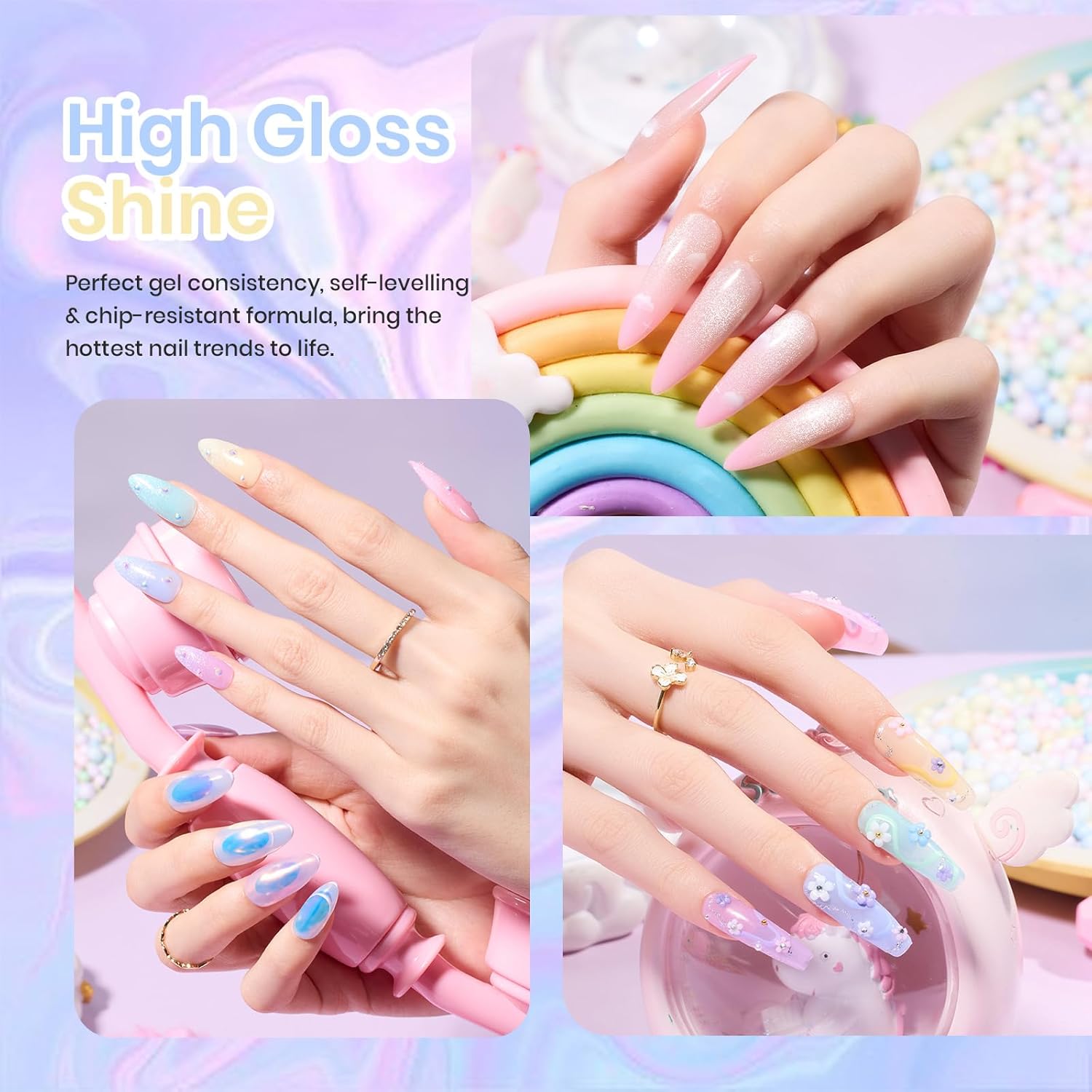 Beetles Pastel Gel Nail Polish Set, 6 Colors Summer Jelly Gel Polish Kit Pink Blue Purple Orange Yellow Green Translucent Effect Soak Off UV Candy Sweet Collection French Nail Gift for Women - Image 5
