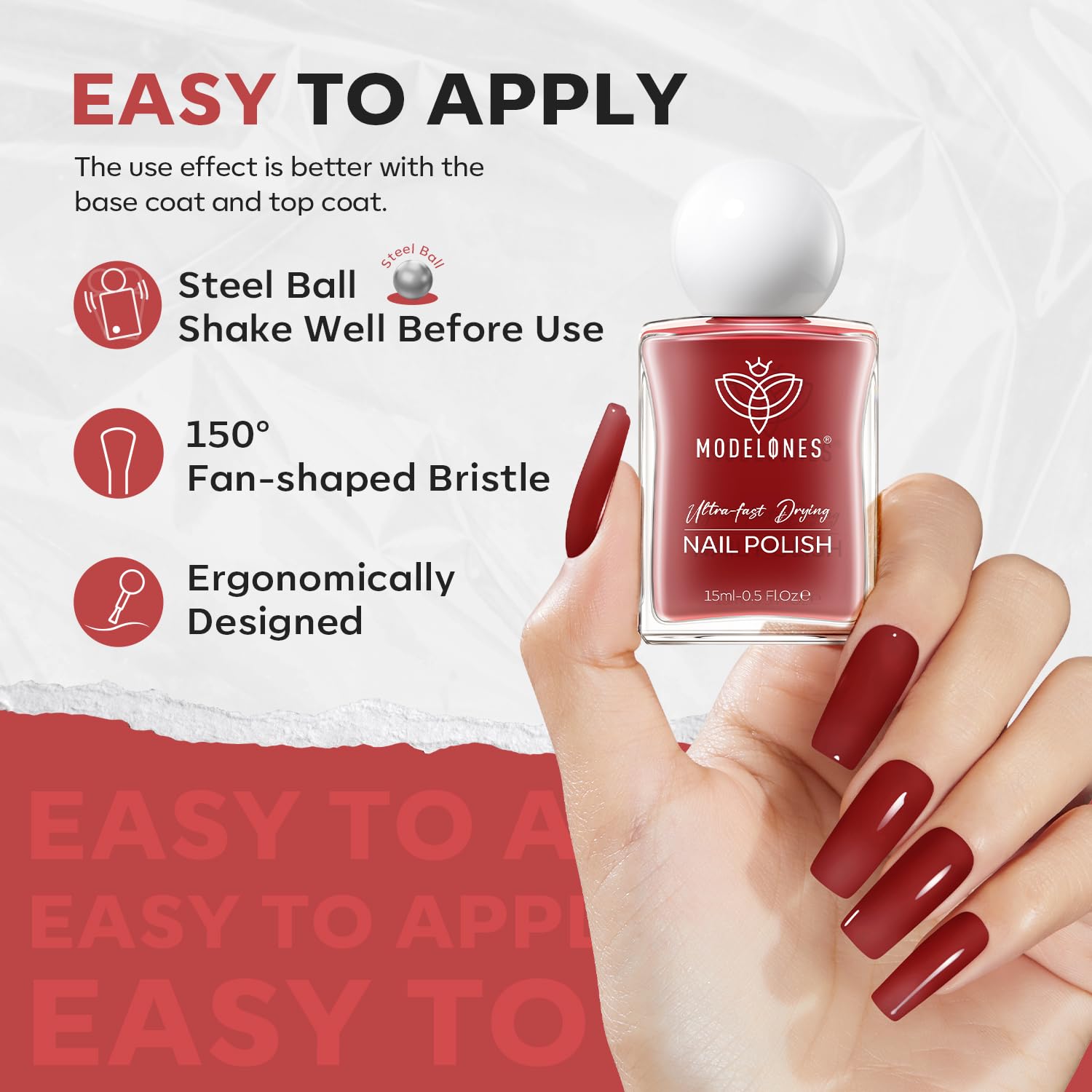 modelones Jelly Red Nail Polish, Sheer Dark Red Clear Translucent Semi-Transparent 15 ml Quick Dry Nail Lacquer Strengthener Long Last Finger Toe Nail Art DIY Manicure Gift for Women Girls 0.5 Fl Oz - Image 4