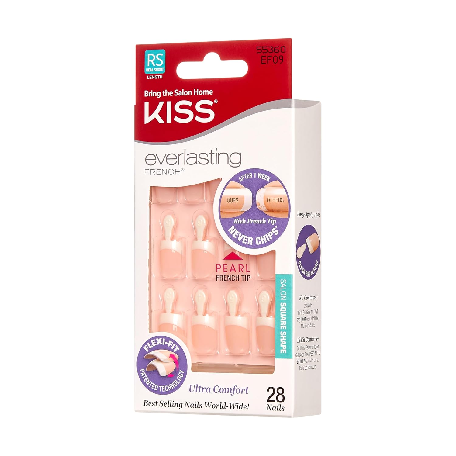 Kiss Everlasting French Nail Manicure, Chip-Free, Flexi-Fit Technology, Real Short, "String of Pearls", Nail Kit with Pink Nail Glue (Net Wt. 2g / 0.07oz), Mini File, Manicure Stick, and 28 Fake Nails - Image 6