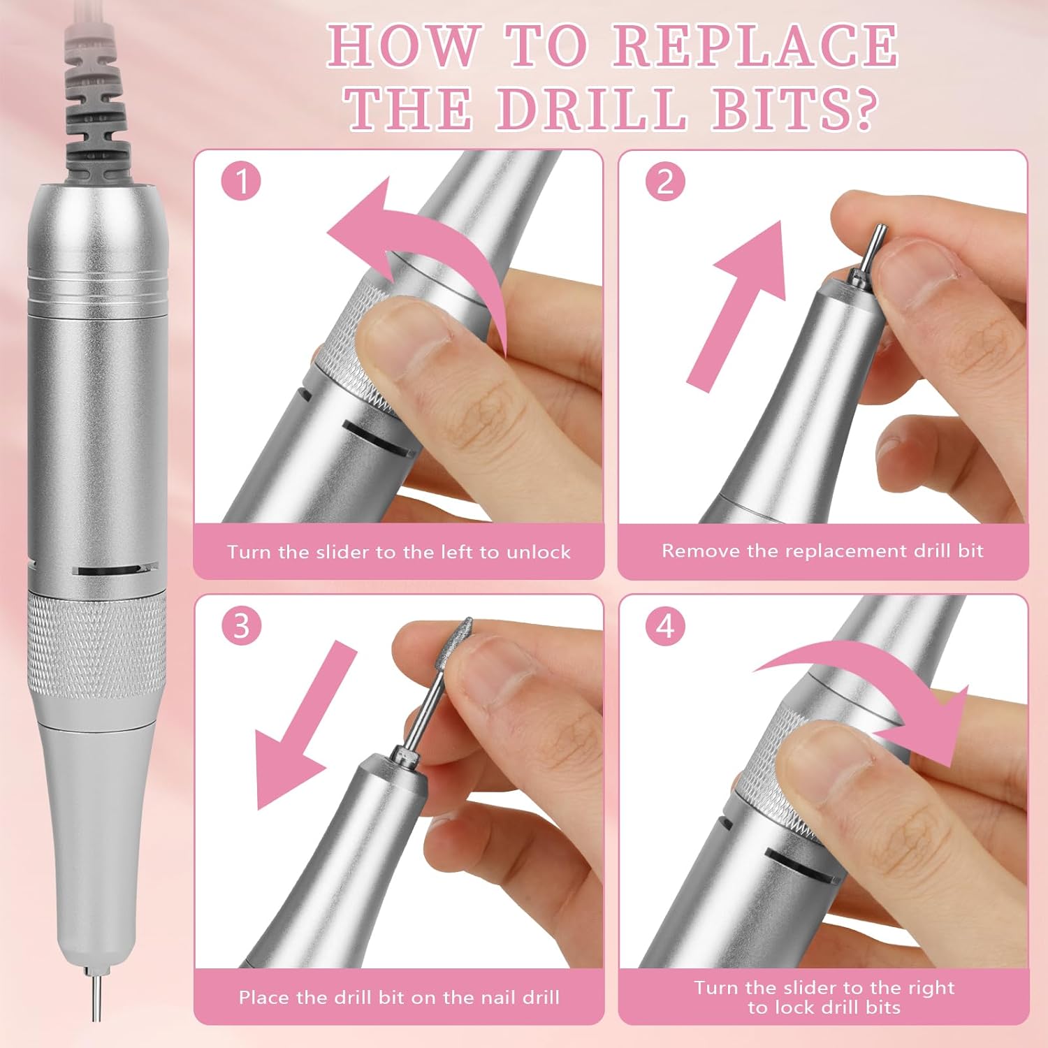 Electric Nail File Professional Kit - 45000RPM Portable Nail Drill Electric File with 11 Bits & Base丨LED Screen丨Ultra-Silent, Rechargeable Nail Drills Machine for Acrylic Nails Gel Polishing (Pink) - Image 4