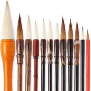 Corciosy 12 Pieces Chinese Calligraphy Brush Set - Premium Painting Writing Watercolor Sumi Brushes Set Kanji Japanese Drawing Art Brushes with Roll-up Brush Holder