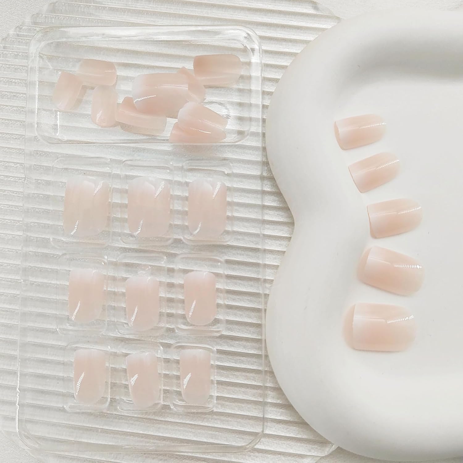Extra Short Press on Nails Square Nude Ombre Fake Nails Press ons White Glue Stick on Nails with Designs Full Cover Acrylic Glossy Artificial Cute False Nail for Women Girls 24 Pcs - Image 3