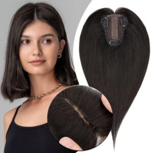 MY-LADY Human Hair Toppers for Women Real Human Hair for Thinning Hair 8 * 10CM Lace Silk Base Straight Hair Pieces No Bangs Clip in Remy Hairpieces Hand-Tied 10 Inch Natural Black