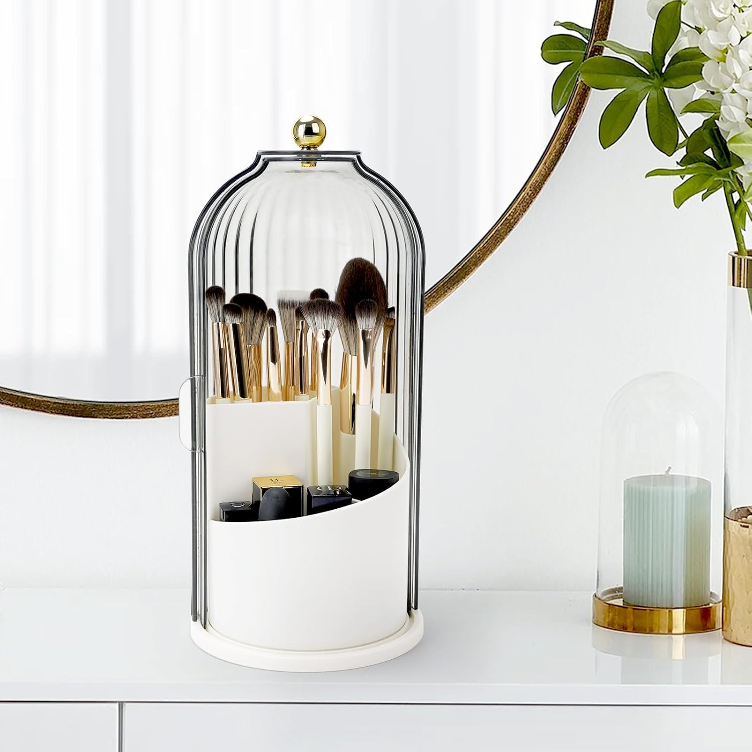 Toothbrush Holders with Sliding Lid, Rotating 3 Slots Bathroom Organizer Countertop, Tooth Brush Toothpaste Holder Bathroom Counter Stand Sink Organizer Caddy for Vanity Makeup Brushes Holder - Image 7
