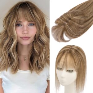 Rich Choices Hair Toppers for Women Real Human Hair 360°3D Clip in Bangs 100% Remy Human Toppers with Bang for Thinning 150% Density Lace Base 08 Inch #4P27 Medium Brown Highlight Dark Blonde