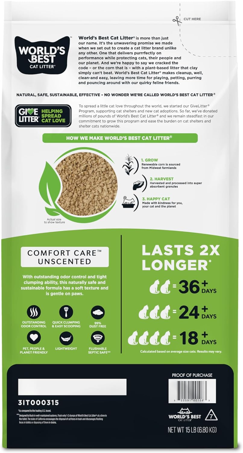 WORLD'S BEST CAT LITTER Comfort Care Unscented 15-Pounds - Natural Ingredients, Quick Clumping, Flushable, 99% Dust Free & Made in USA - Long-Lasting Odor Control & Easy Scooping - Image 3