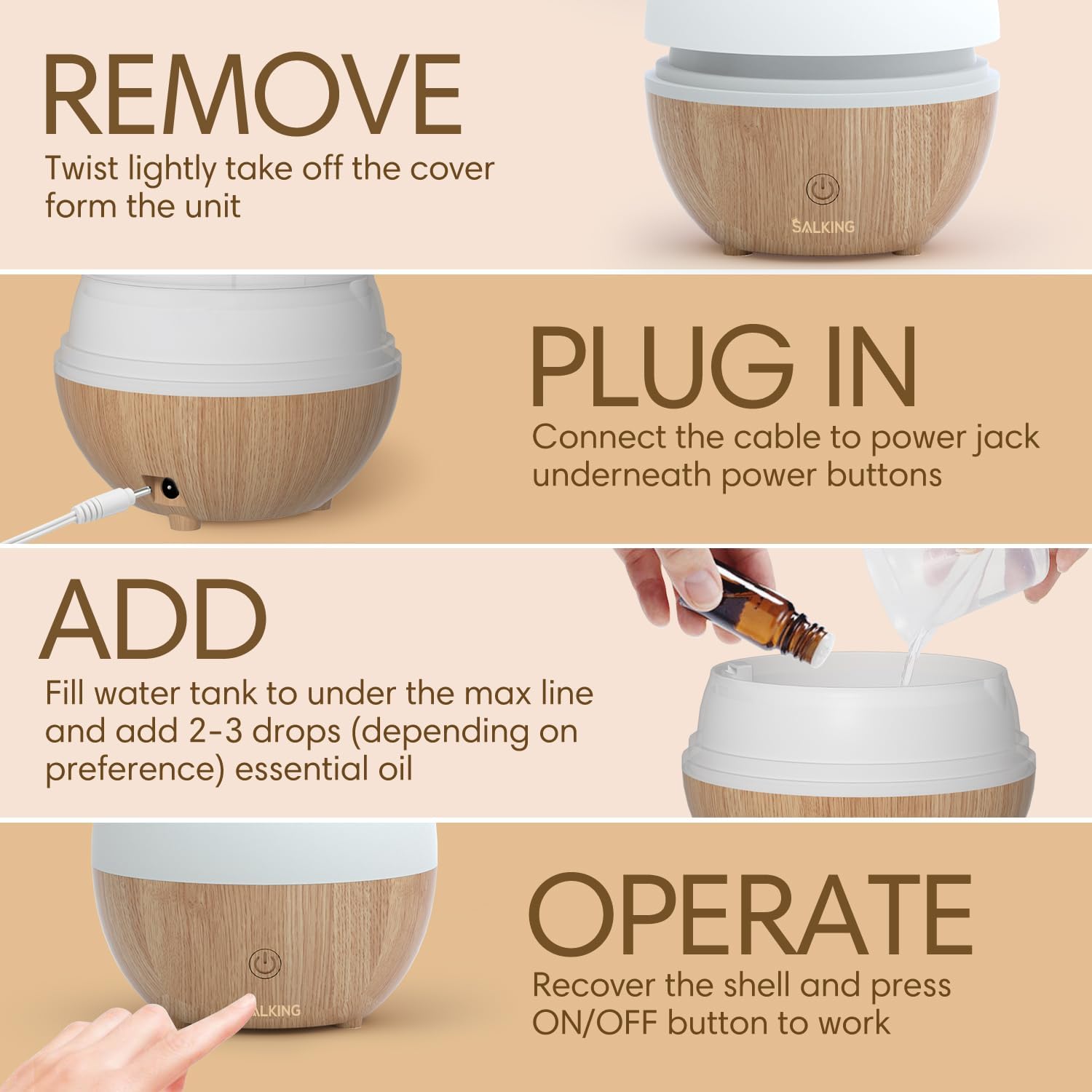 SALKING Essential Oil Diffuser, 100ml Small Aromatherapy Diffuser with Auto Shut-Off Function, Ultrasonic Diffusers for Essential Oils, Cool Mist Humidifier with Warm White Lights, for Office Home - Image 7