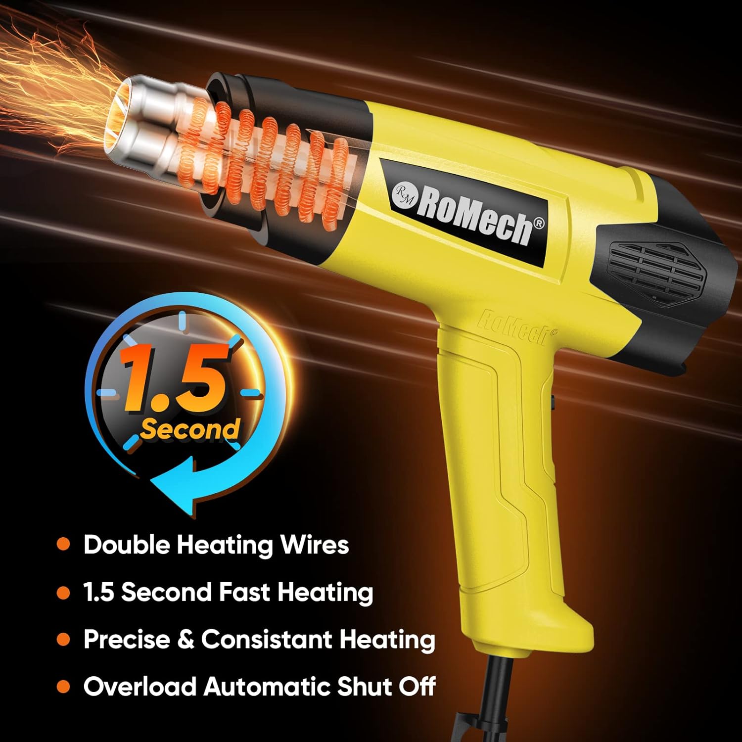 ROMECH Heat Gun, Heavy Duty Fast Heating, Variable Control 120°F~1200°F (50℃-500℃) 4 Nozzles Heat Gun for Crafting, Shrink Tubing,Vinyl Wrap(Yellow) - Image 3