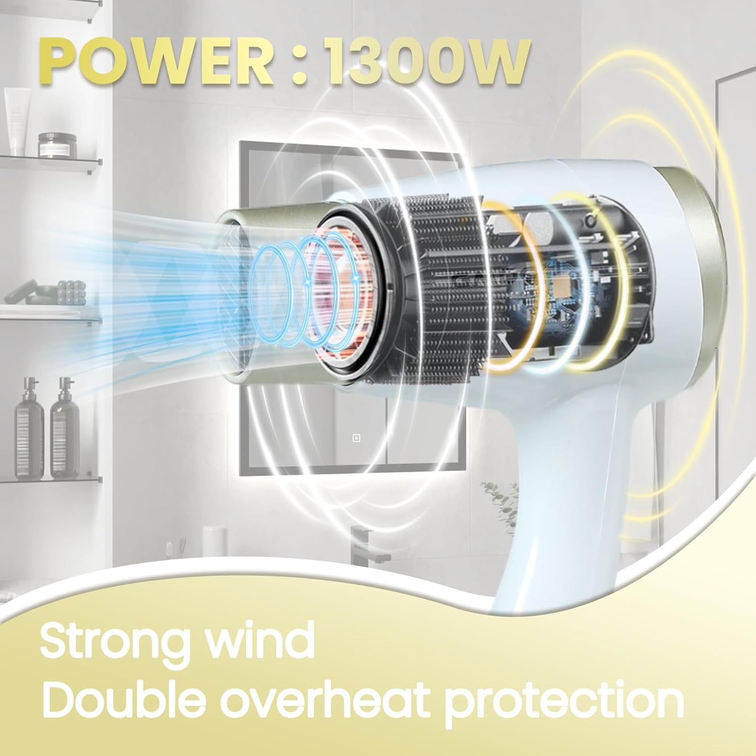 Wall Mounted Hair Dryer for Bathroom - 110V Professional Blow Dryer with Fast Drying Salon Motor, Heavy Duty Wall Mount Hairdryer with Stand Rack, Includes Screws+Adhesive - Image 3