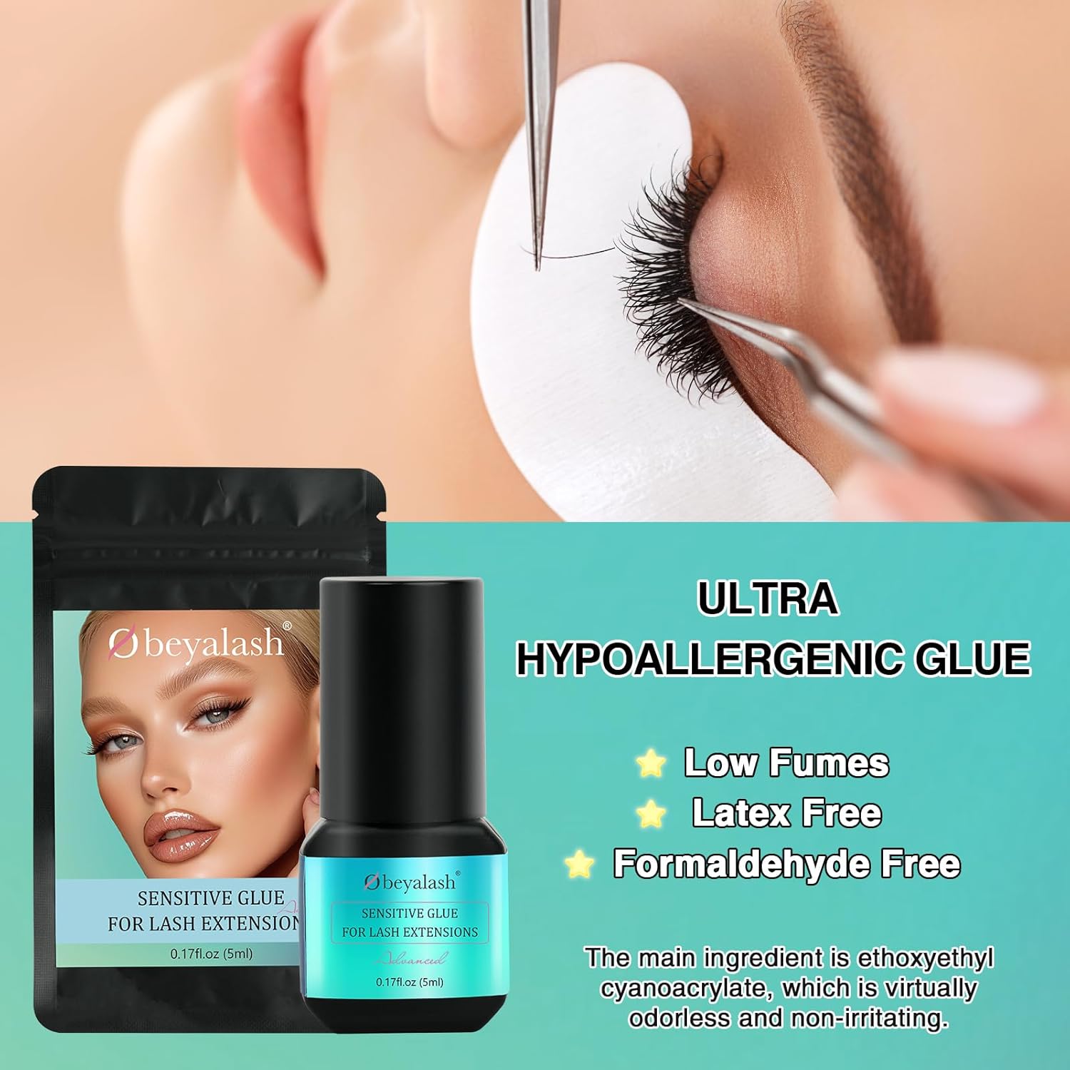 Obeyalash Sensitive Lash Extension Glue - Low Fumes Latex-Free Eyelash Glue for Extensions Strong Hold 1s Eyelash Extension Adhesive Professional Long Lasting 7 Week Lash Adhesive 5ml / 0.17fl.oz - Image 5