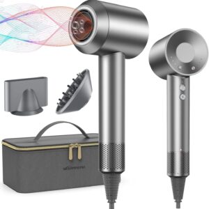 Ionic Hair Dryer with Diffuser, warmmama 1500W High Speed Blow Dryer with 3 Speeds and 4 Temps for Men & Women, Hair Blow Dryers Fast Drying Brushless Motor with Nozzle Bag for Home Salon Travel, Grey