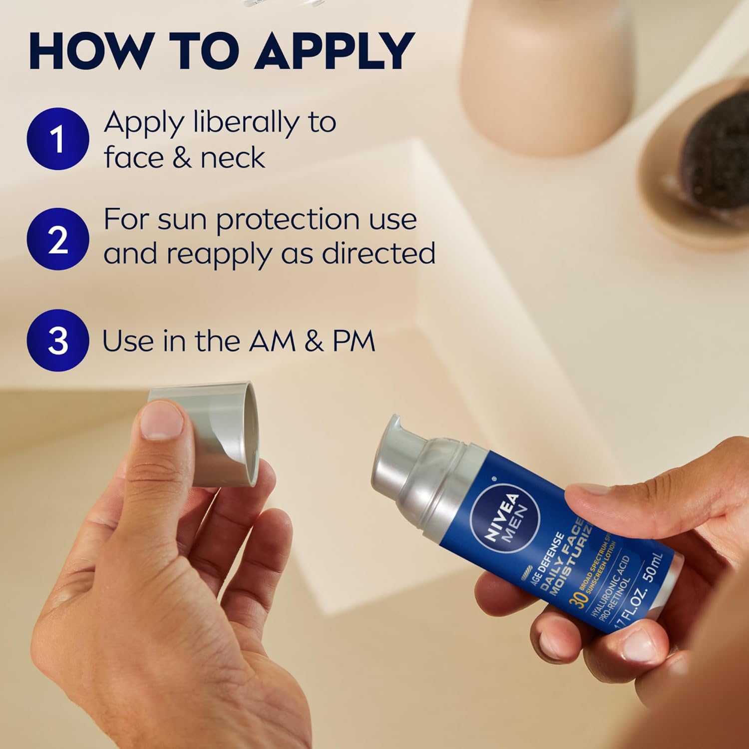 NIVEA Men Age Defense Daily Face Moisturizer with Broad Spectrum SPF 30 Sunscreen, Pro-Retinol and Hyaluronic Acid, Beard-Friendly Face Lotion Helps Defend Against UVA/UVB Rays, 1.7 Fl Oz Bottle - Image 7