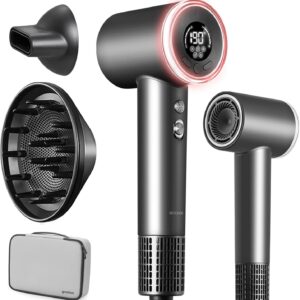 Hair Dryer with Diffuser, Professional High-Speed Blow Dryer, Negative Ionic Hair Dryers for Women, 110,000 RPM Fast Drying, 5 Temps & 3 Speeds, with HD Digital Screen & Carrying Case, Gray