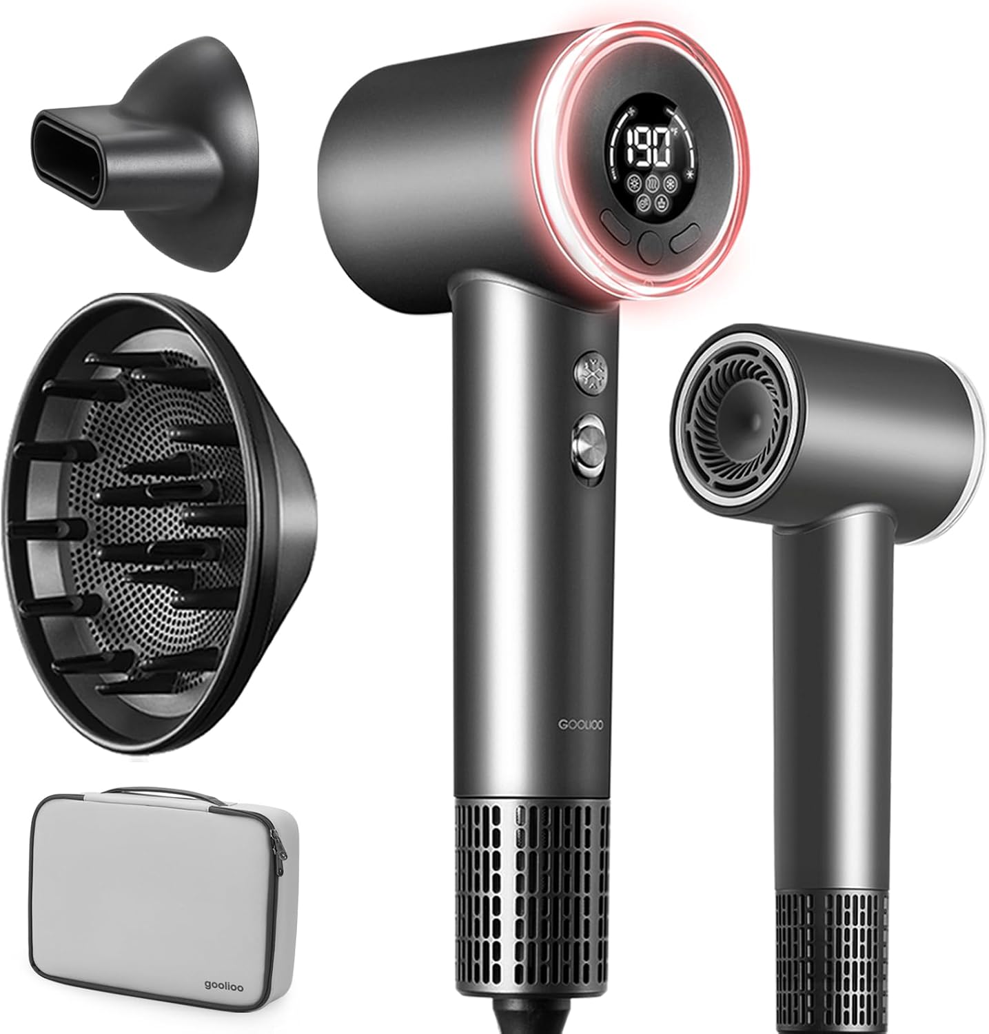 Hair Dryer with Diffuser, Professional High-Speed Blow Dryer, Negative Ionic Hair Dryers for Women, 110,000 RPM Fast Drying, 5 Temps & 3 Speeds, with HD Digital Screen & Carrying Case, Gray