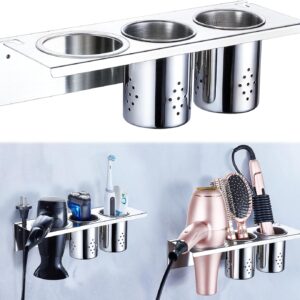 Hair Tool Organizer Wall Mount, Hair Dryer Holder with 2 Cups, Stainless Steel Blow Dryer Holder Curling Iron Holder Wall Mount, Bathroom Vanity Hair Styling Tools Organizer for Brush, Flat Iron