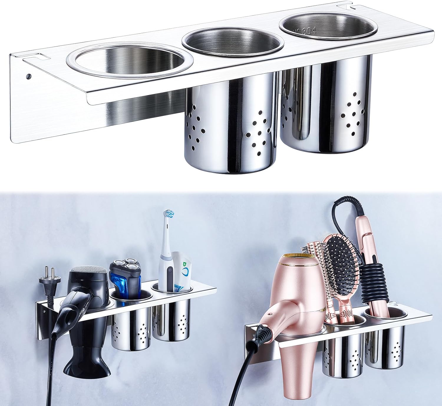 Hair Tool Organizer Wall Mount, Hair Dryer Holder with 2 Cups, Stainless Steel Blow Dryer Holder Curling Iron Holder Wall Mount, Bathroom Vanity Hair Styling Tools Organizer for Brush, Flat Iron