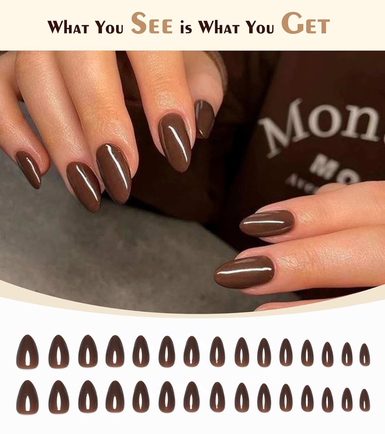 Morily Press on Nails Almond, Dark Brown Short Fake Nails with Designs Reusable Acrylic False Nails Glossy Full Cover Stick on Nails for Women - Image 2