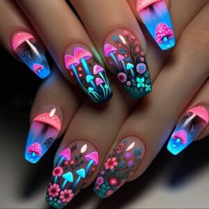 Mushrooms Press on Nails Medium Flower False Nails Ballet Shaped Acrylic Nails Fantasy Mushrooms Floral Design Colorful Stick on Nails Full Cover Coffin Nails Artificial Glue on Nails for Women 24Pcs