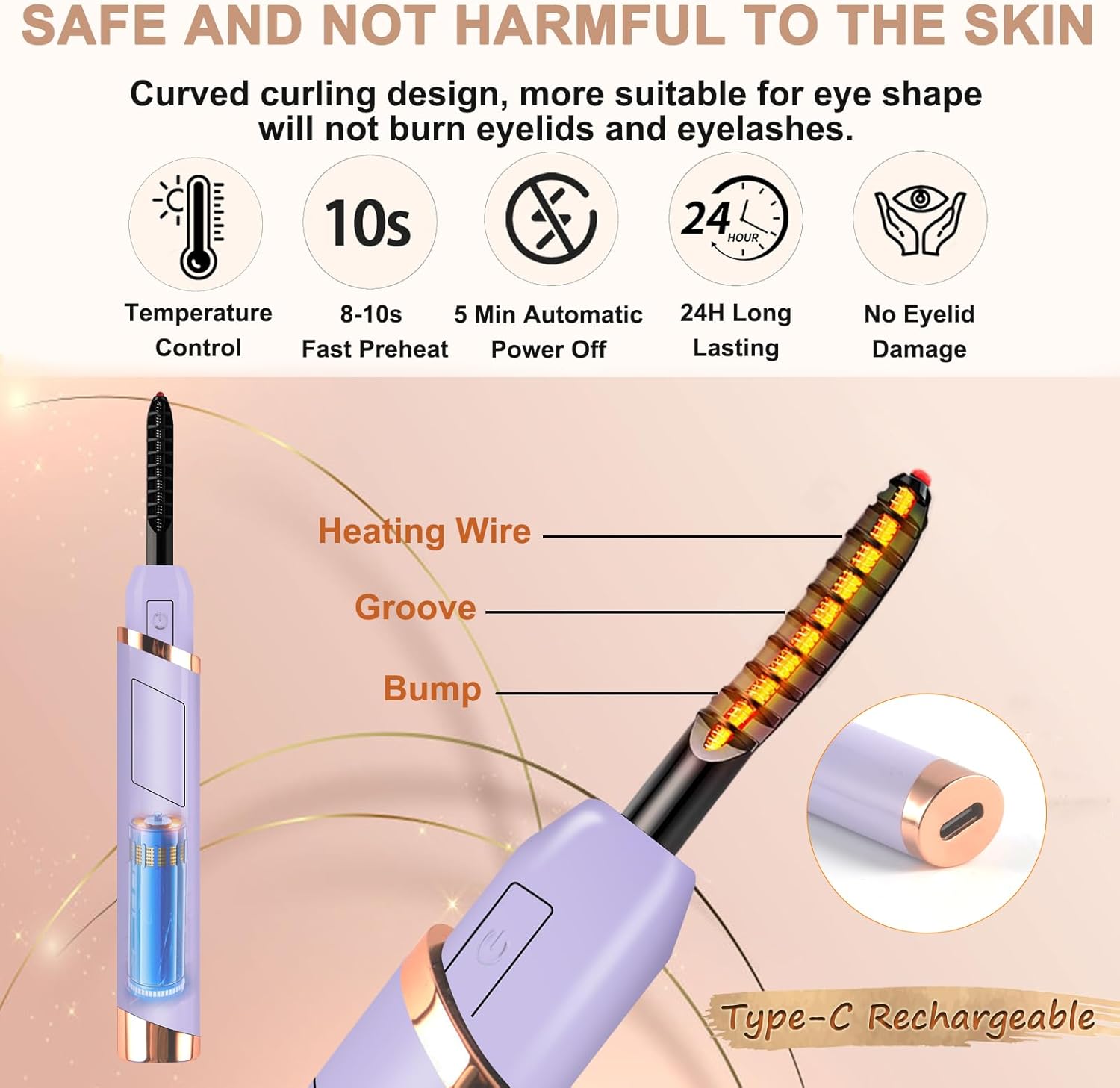 Heated Eyelash Curler, Electric Eye lash Curler, USB Rechargeable Lash Curler with Eyelash Comb 24 Hours Long Lasting - 2025 Updated New Model(Purple ) - Image 4