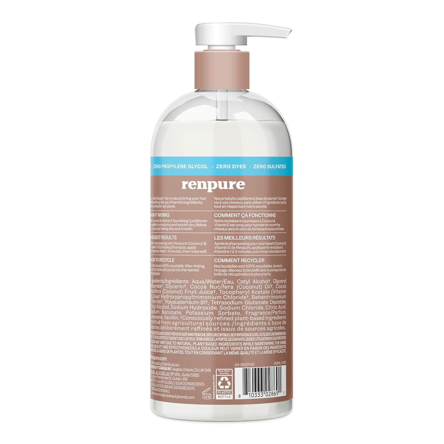 Renpure Plant Based Coconut and Vitamin E Moisturize and Replenish Conditioner - Ideal for Dry, Lifeless Hair - Leaves Hair Silky and Smooth - Paraben Free - Recyclable, Pump Bottle Design - 24 fl oz - Image 2
