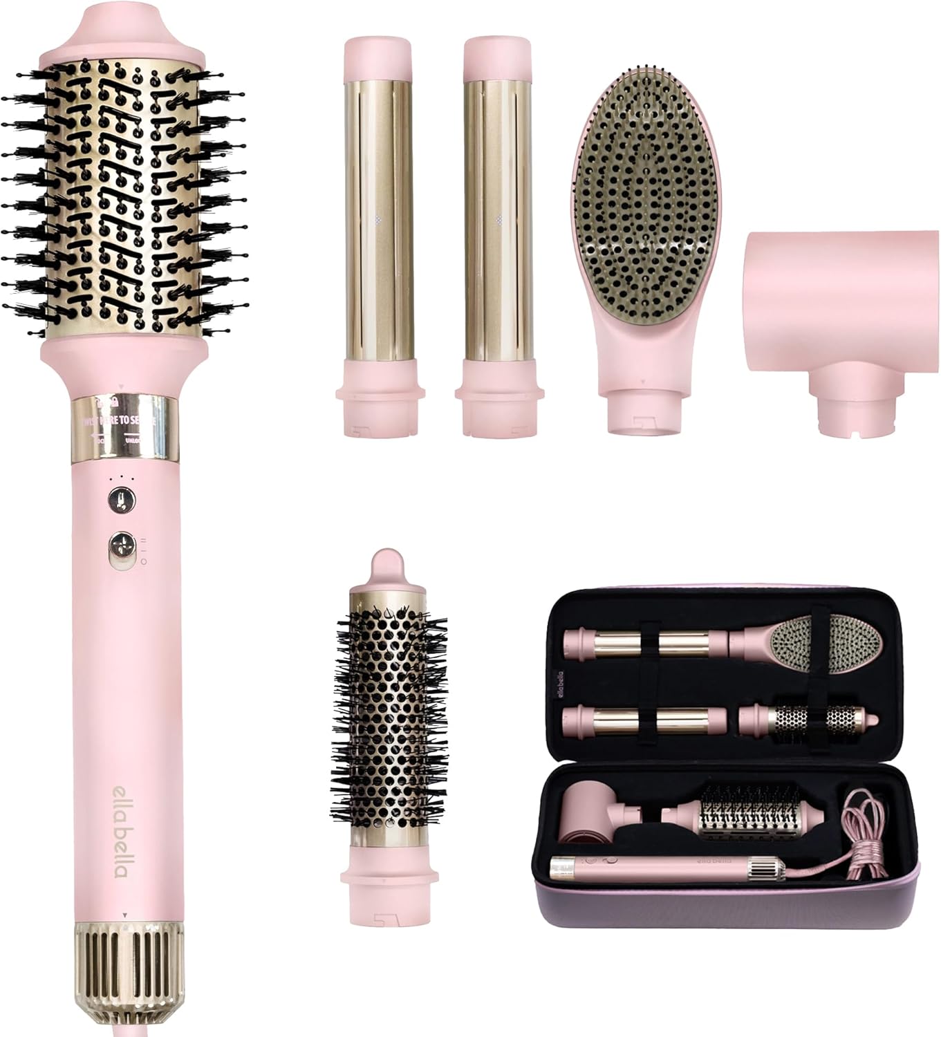 ELLA BELLA® 6 in 1 Professional Hot Air Styler • Powerful Hair Dryer & Straightener Set • Styling Without Heat Damage • Fast Drying Curling Volumizing Straightening • Protective Travel Case (Pink)