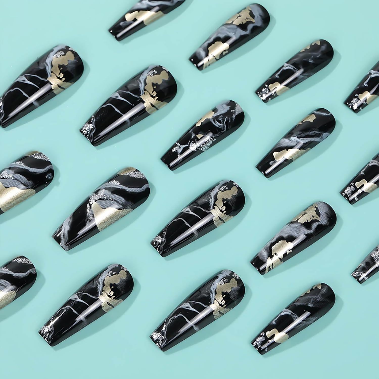 Medium Press on Nails Coffin Fake Nails Black Ombre Glue on Nails Marble Nails Press ons Glitter Acrylic Press on Nail Swirl Artificial Nails Glossy Stick on Nails for Women and Girls 24Pcs - Image 3
