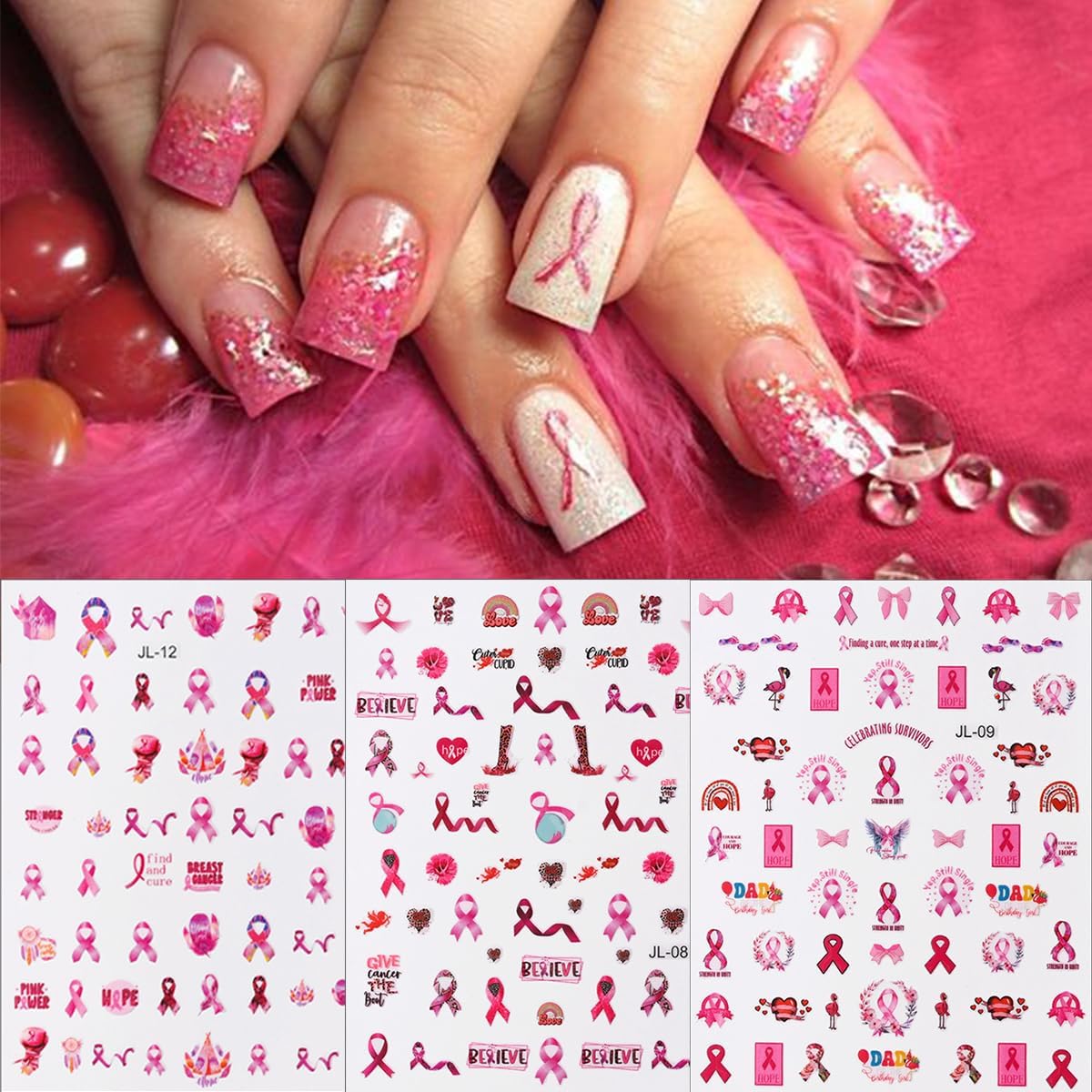 Breast Cancer Nail Art Stickers Pink Ribbon Nail Decals 3D Love Heart Bow Self-Adhesive Nail Design Sticker Breast Cancer Awareness Nail Art Supplies Sticker for Women DIY Manicure Decor Tips 6Sheets - Image 4