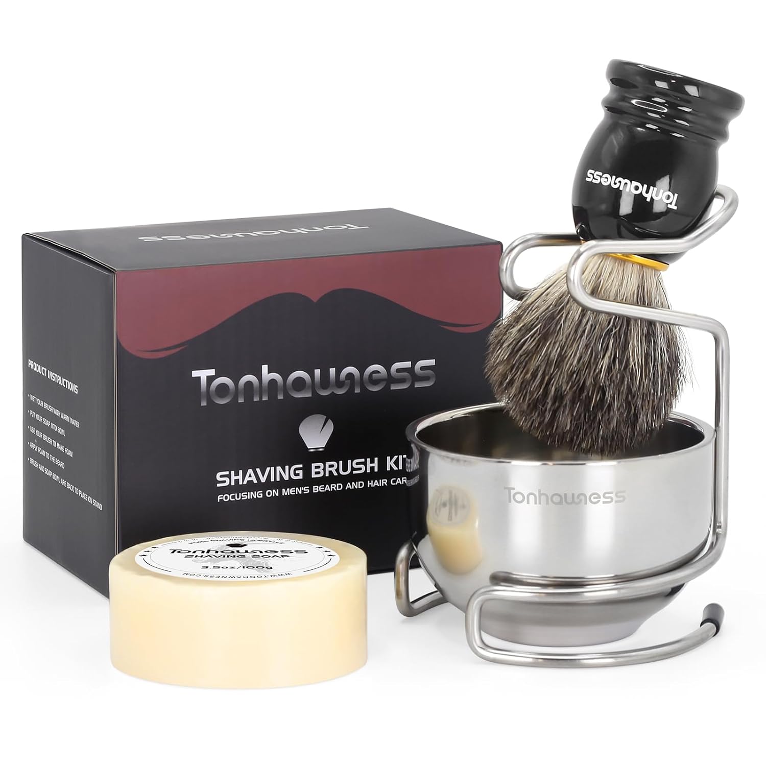 Shaving Brush Kit for Men, 4 in 1 Shaving Brushes Set Includes Badger Hair Shave Brush, Shaving Bowl & Stand and Shaving Soap Kit for Men’s Shave Gift