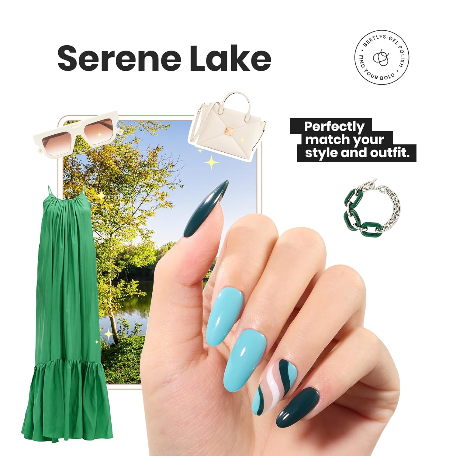 Beetles Green Nail Polish Set P181, 6 Colors Blue White Nail Polish Set, Green Collection Quick Dry Long Lasting Manicure Patricks Day DIY Nail Art Salon Home Gift For Women - Image 4