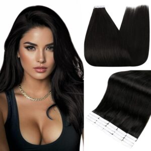Full Shine Tape in Hair Extensions Black 18 Inch Straight Color 1B Natural Off Black Invisible Seamless Tape in Extensions Human Hair 50 Grams 20PCS Straight Remy Extensions for Women Real Hair
